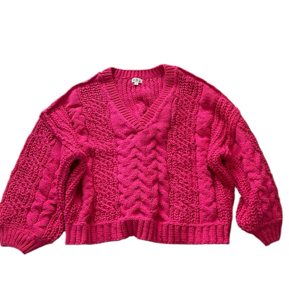 New POL Women's Vibrant Pink V-Neck Sweater Chunky Cable Knit Valentine’s Day - Picture 3 of 6